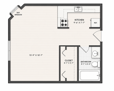 Floor plan for studio, 1 bath, 360 sqft